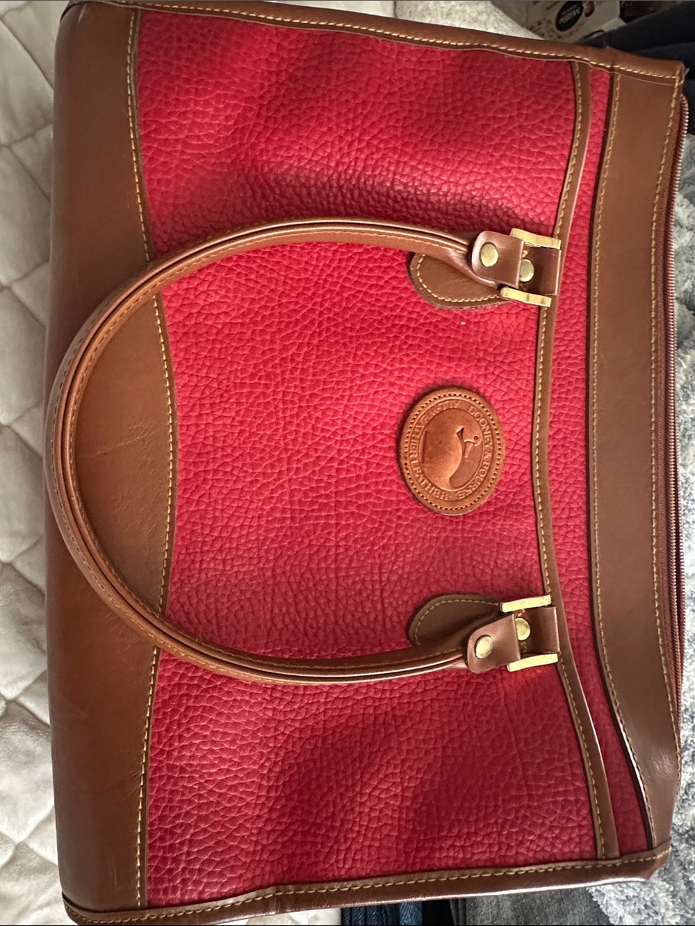 Vintage Dooney & Bourke Red Pebbled Leather Tote with Brown Trim